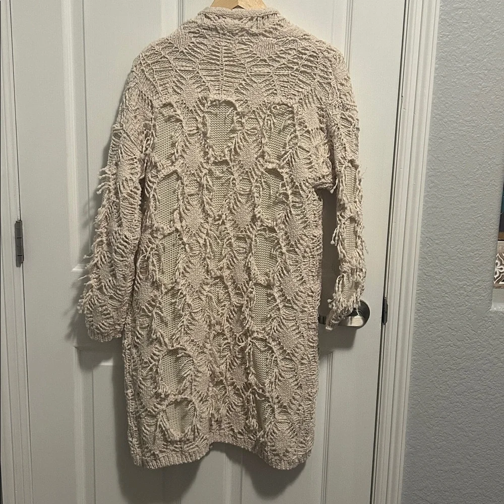 Anthro RAGA fisherman‎ fringe boho cream chunky cardigan Sz large